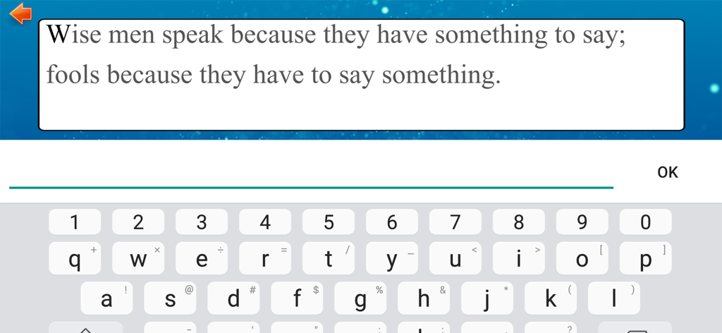 Écran mobile montrant une citation et un clavier pour la pratique de la vitesse de frappe.