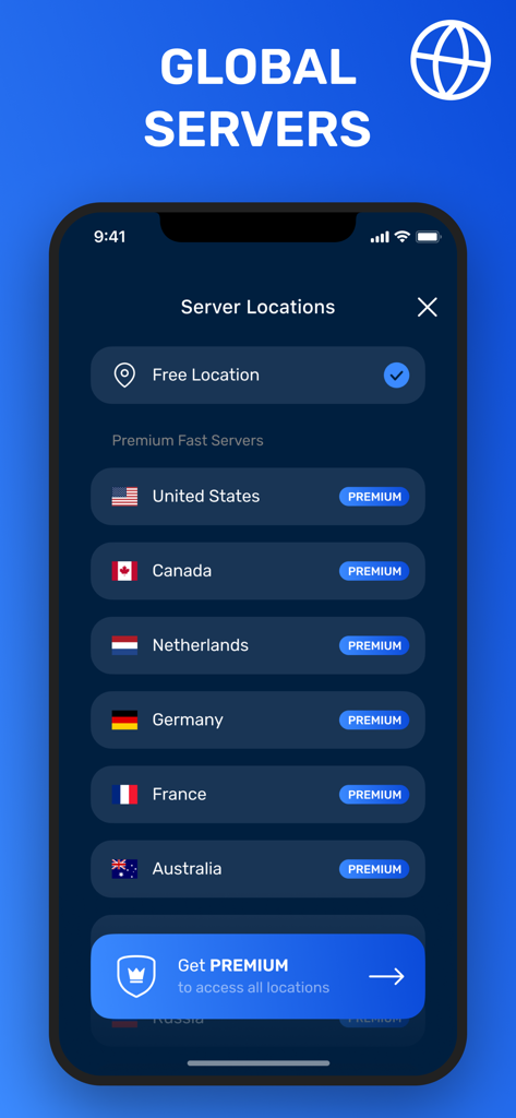 Interfaz de la aplicación Hide VPN que muestra una lista de ubicaciones de servidores globales, incluyendo Estados Unidos, Canadá y Países Bajos