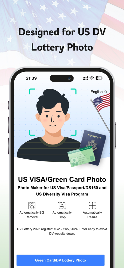 Green Card Photo US VISA - Interface de l'application Green Card Photo US VISA pour créer des photos conformes de 2x2 pouces pour les candidatures de visa et de loterie américaines