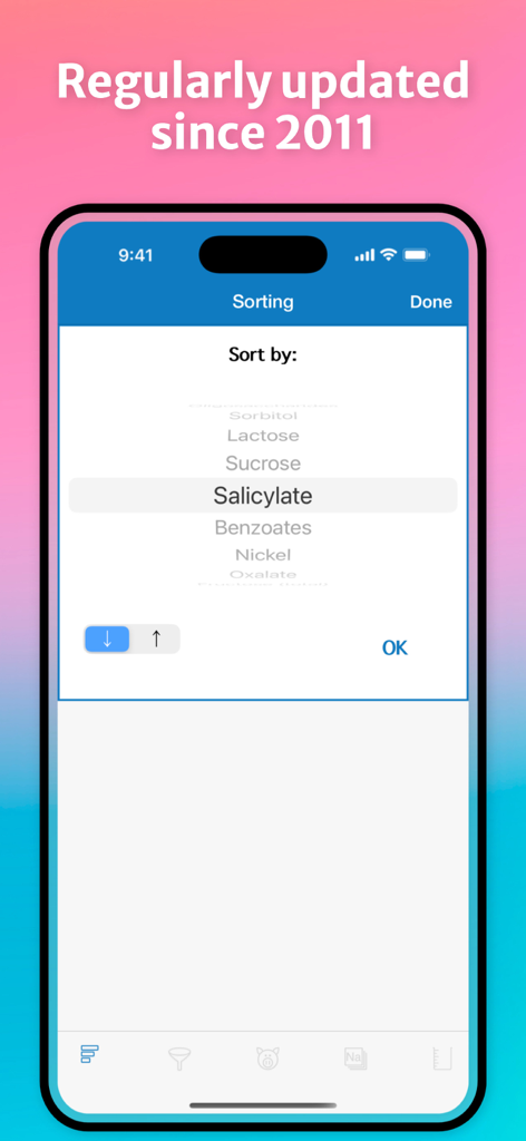 Food Intolerances - Sorting interface of the Food Intolerances app showing dietary sensitivity categories like salicylate and lactose