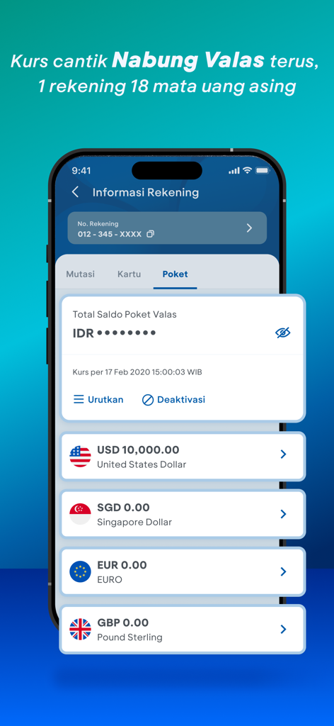 USDやEURを含む複数の外貨口座が表示されたmyBCAアプリのPoket Valas機能を表示するスマートフォンの画面