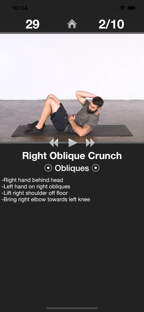 Right oblique crunch exercise demonstration in the Daily Ab Workout mobile app