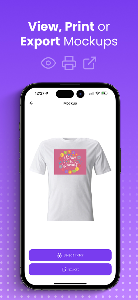 Tela do aplicativo móvel exibindo um mockup de camiseta branca com um design gráfico colorido e opções de exportação