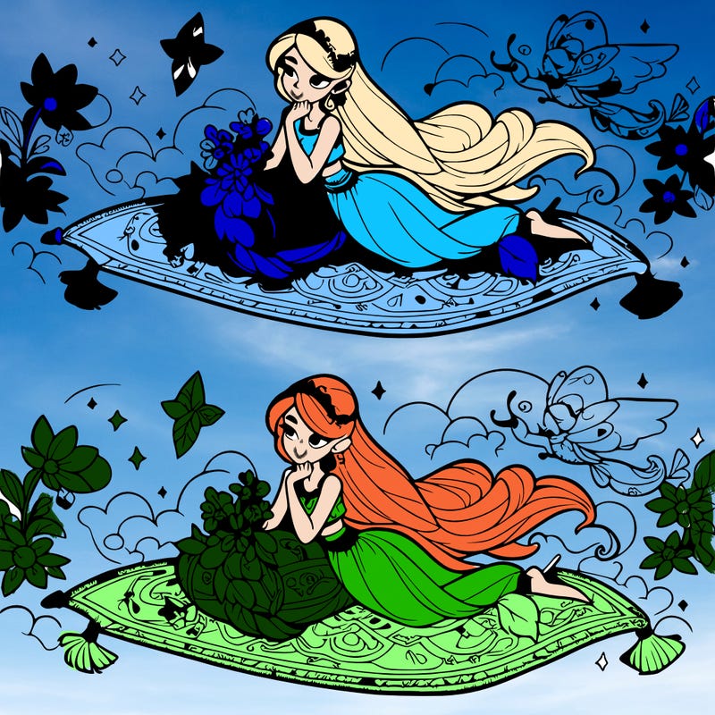 elsa and anna on separated magic flying carpets elsa on a ice carpet anna on a flower carpet