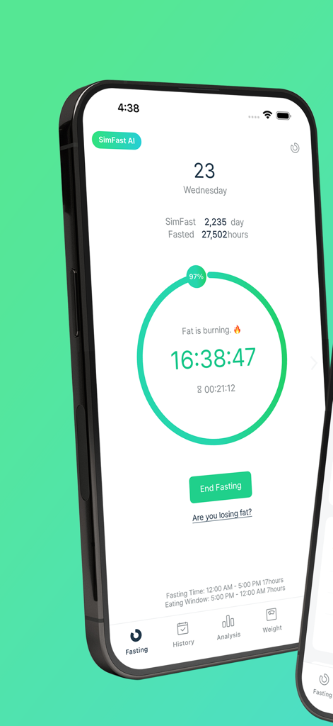 SimFast: Fasting Tracker - Interfaz de la aplicación SimFast que muestra un temporizador activo de ayuno intermitente con círculo de progreso y estado de quema de grasa