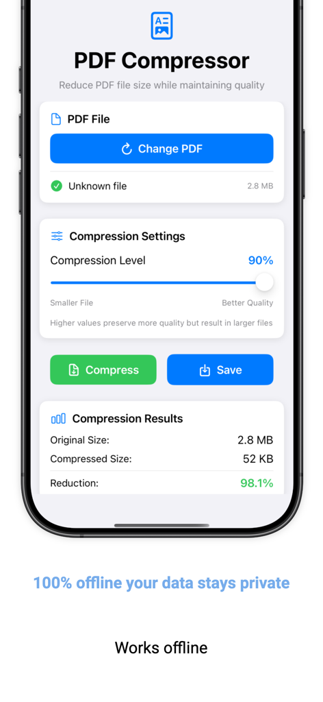 Mobile App-Oberfläche von PDF Compressor, die eine Dateigrößenreduzierung von 98 Prozent und eine Offline-Datenschutzmeldung anzeigt