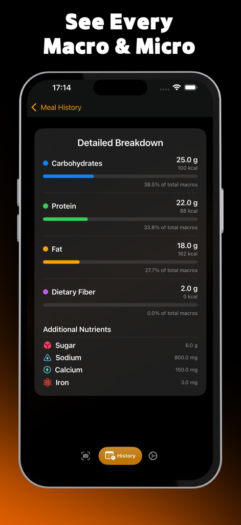 Calio: AI Calorie Tracker - Ein Handybildschirm, der die detaillierte Nährstoffaufschlüsselung von Makronährstoffen und Mikronährstoffen der Calio-App im Dark-Mode-Interface zeigt.