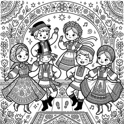 Discover the vibrant world of folk dance reimagined in an adorable Kawaii style with this captivating coloring page. Perfect for adults seeking detailed designs and a relaxing creative escape, this illustration invites you to bring a cultural celebration to life.