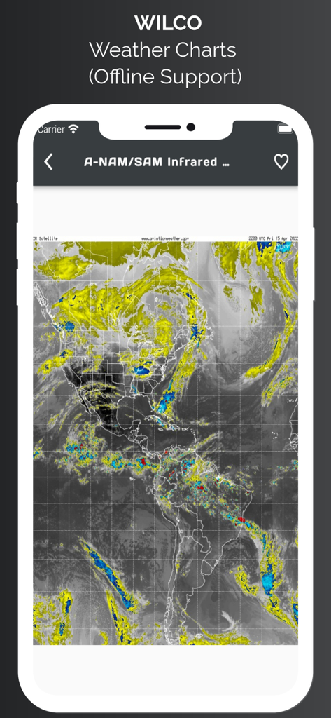 WilCo - Pilot Aviation Weather - WilCo app showing an infrared satellite weather chart of North and South America with offline support