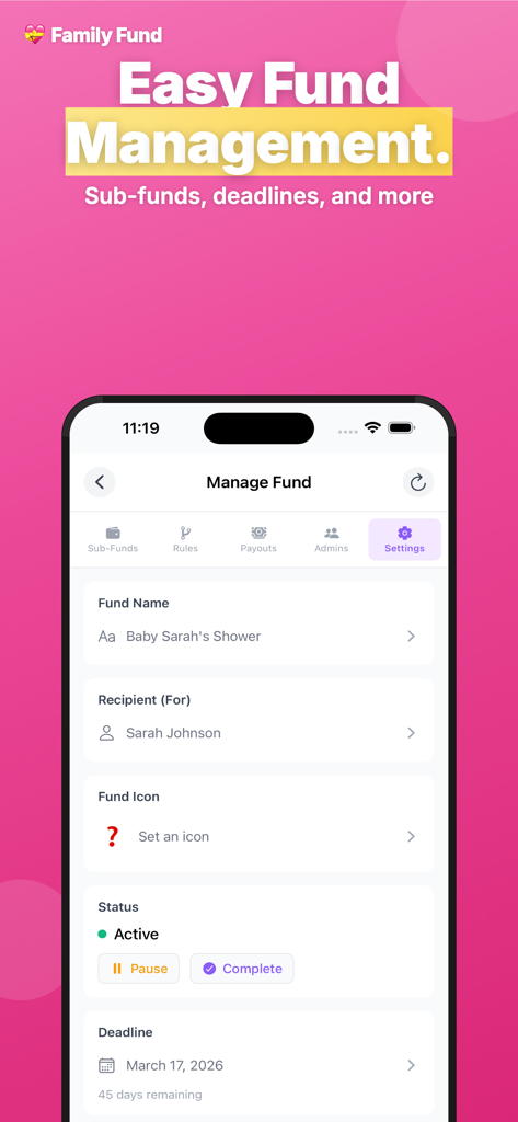 SUSU Circles - SUSU Circles mobile app screen showing options to manage a family fund including name recipient status and deadline