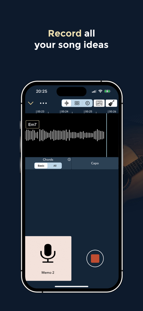 Music Memos - Chords & Lyrics - Interfaz de la aplicación Music Memos para grabar ideas de canciones e identificar acordes