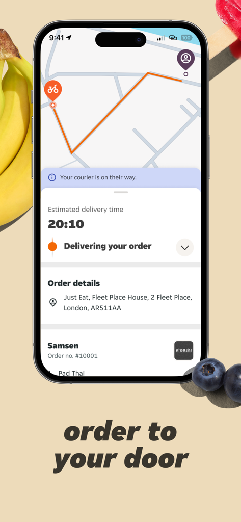 Just Eat - Food Delivery - Just Eat app screen showing real-time delivery tracking map with estimated arrival time