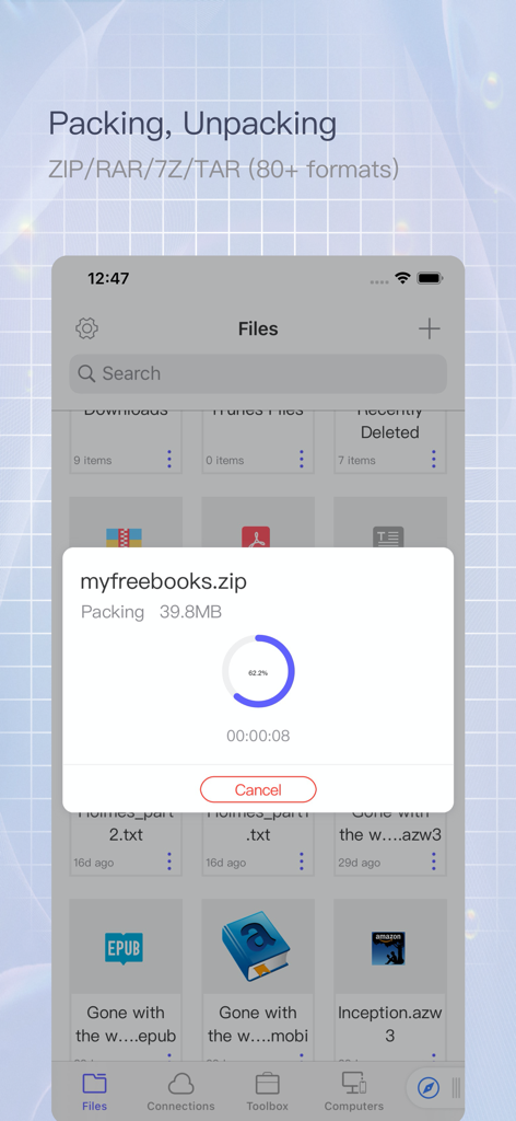 Interfaz de la aplicación Files Go mostrando el progreso de la compresión de un archivo llamado myfreebooks en un archivo zip