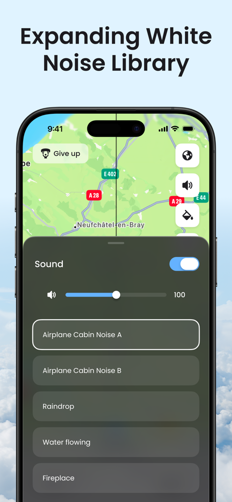 FocusTok: Deep Focus Timer - FocusTok app interface showing a white noise library with options like airplane cabin noise and raindrop sounds