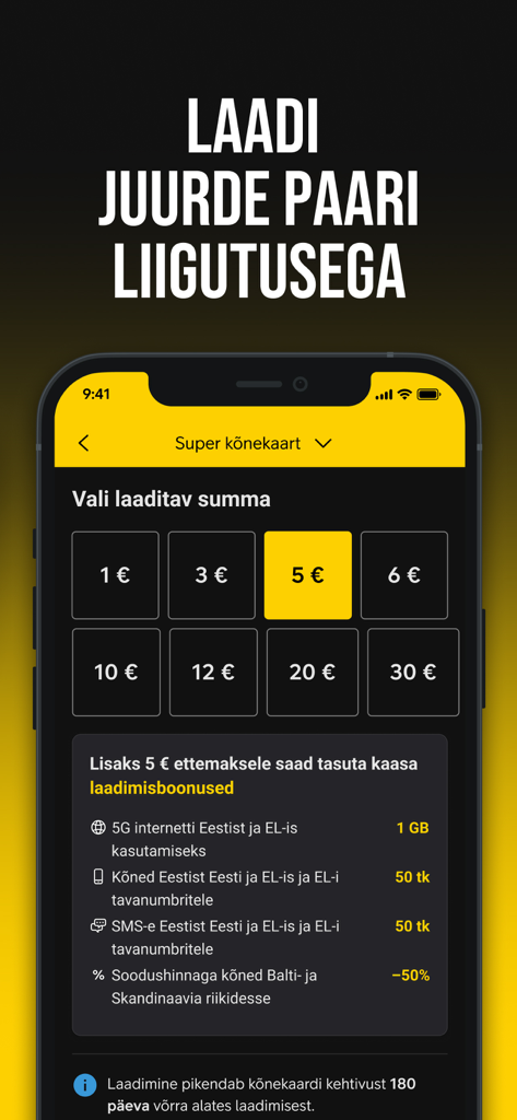 A mobile app screen for topping up a prepaid card with various Euro amount options and bonus details for data and calls.