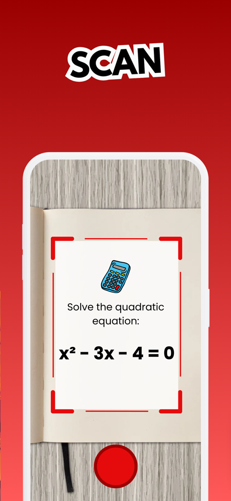 Math Master Arithmetic Algebra - La función de escáner IA de la aplicación Math Master escaneando una ecuación cuadrática en un cuaderno