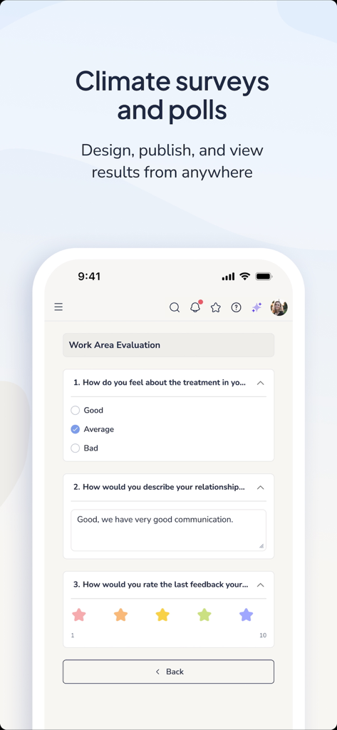 BizneoHR - BizneoHRモバイルアプリの従業員エンゲージメント調査と投票画面。星評価や選択問題が表示されます。