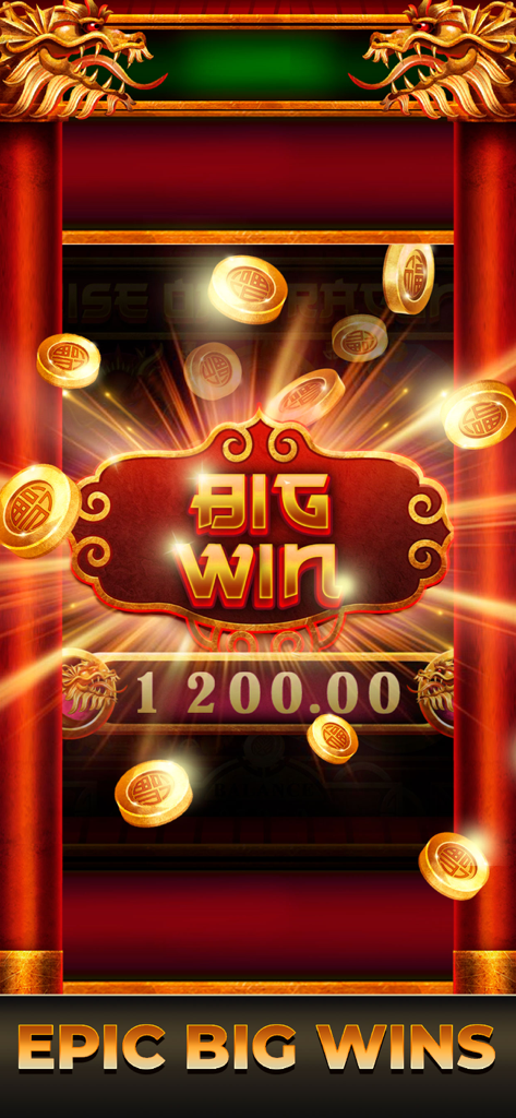 Clickfun: Casino & Slots Mania - A vibrant big win screen from Clickfun Casino featuring falling gold coins and a Chinese dragon theme