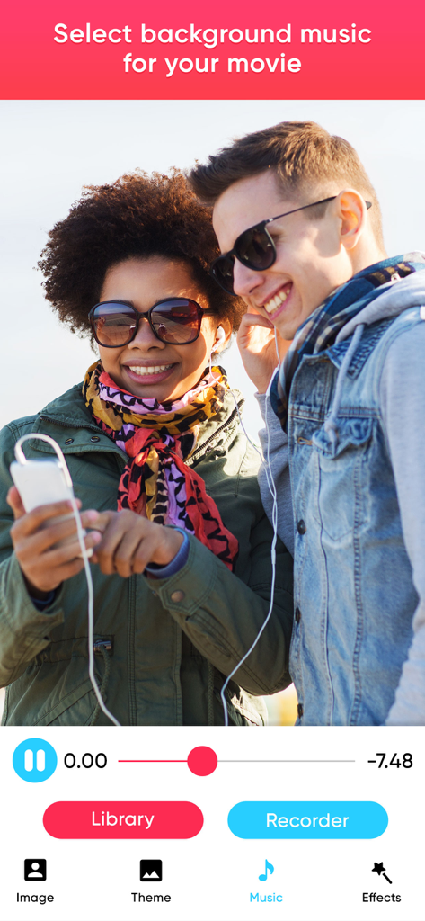 MakeMyMovie-Movie maker - MakeMyMovie app interface for adding background music to a video