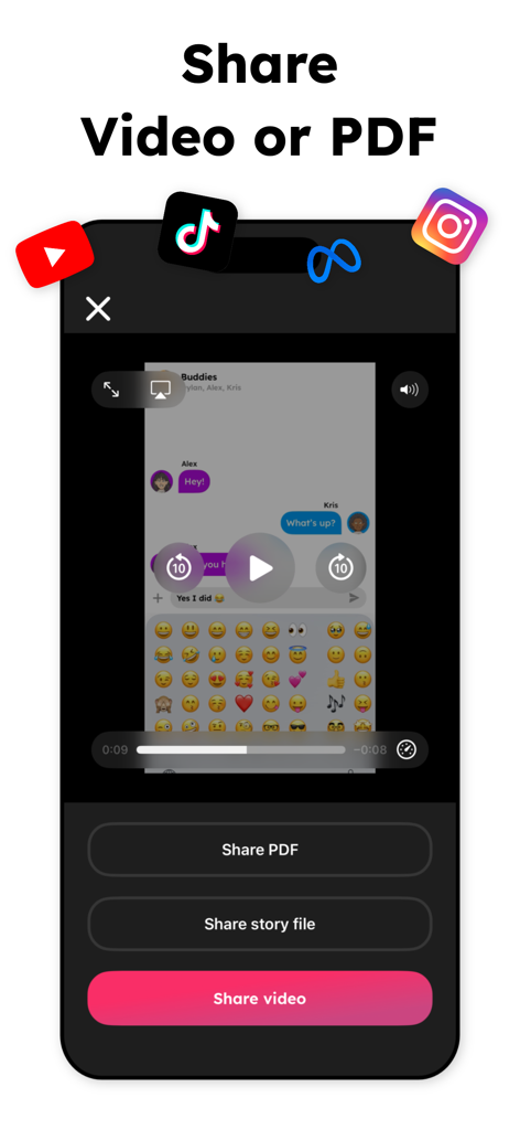 TextingStory Chat Story Maker - TextingStory app screen showing options to share chat stories as a video or PDF to social media platforms like TikTok and Instagram.