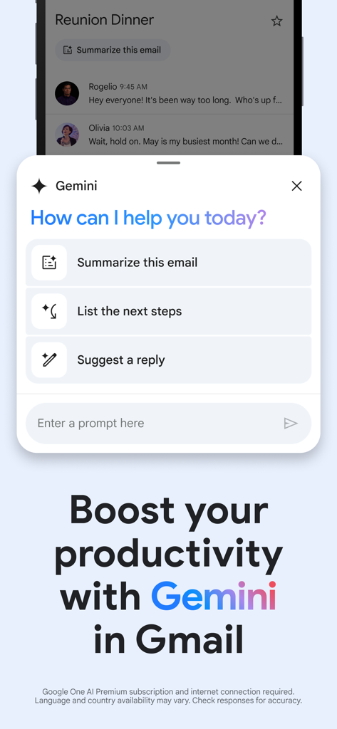 A screenshot of the Gmail app interface showing Gemini AI features like email summarization and suggested replies.