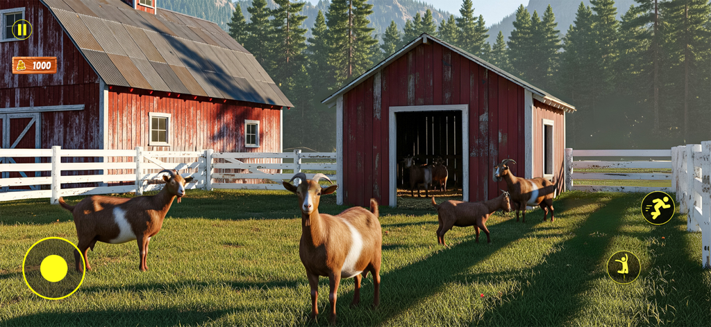 Ranch Life Farming Simulator! - Ranch Life Farming Simulatorの囲われた牧草地で草を食むヤギたちと赤い納屋