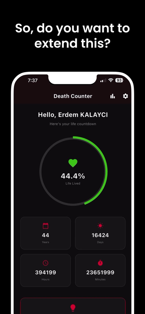 A dashboard of the Death Counter app showing a life lived percentage of 44.4 percent and a breakdown of time in years, days, hours, and minutes.