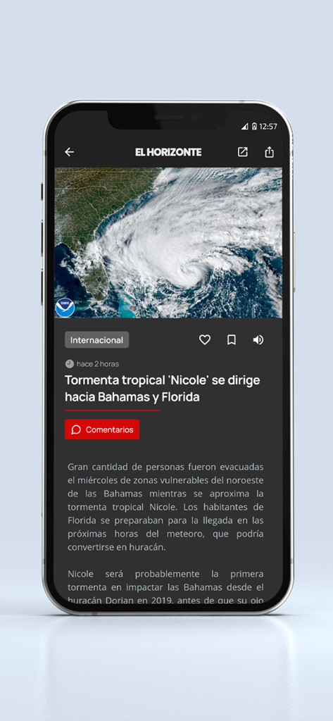 International news article on the El Horizonte mobile app about Tropical Storm Nicole.