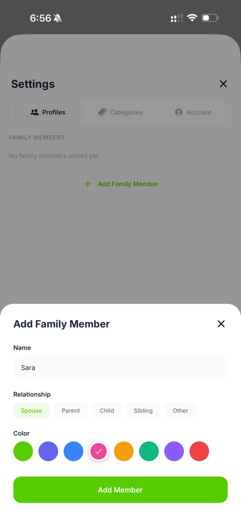 Screen for adding a family member profile to the MyIDs document management app