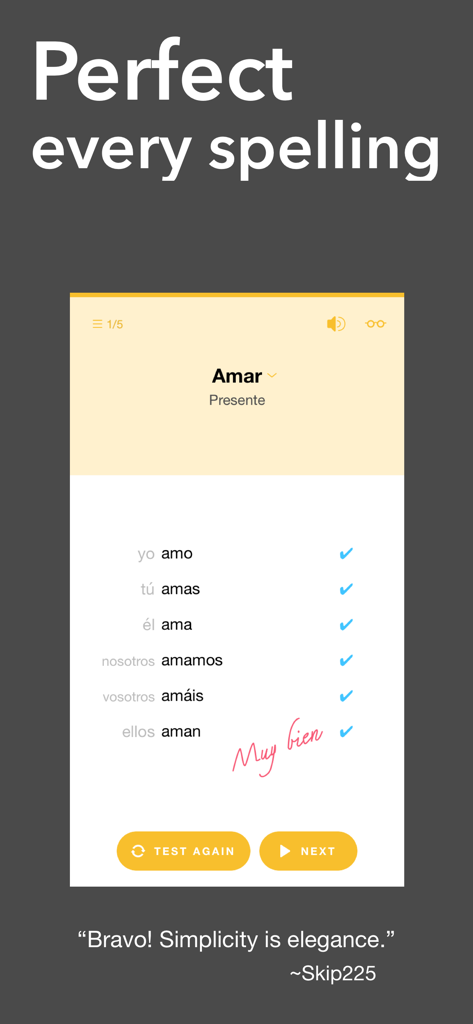 Conjuu - Spanish Full Edition - Conjuu Spanish app interface showing correctly completed verb conjugations for the verb Amar in present tense.