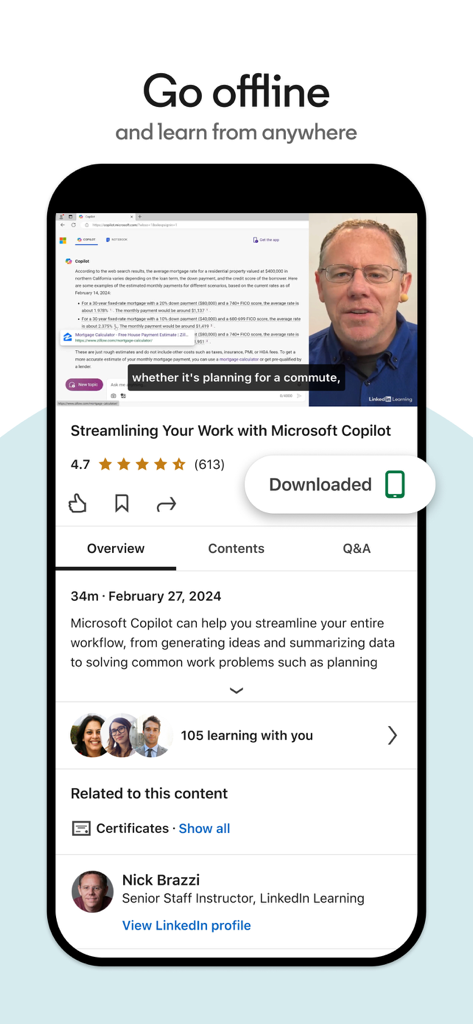 LinkedIn Learning mobile app interface showing a course downloaded for offline viewing