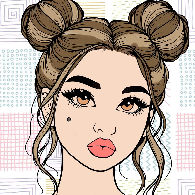 realistic girl with two buns on her hair and lips