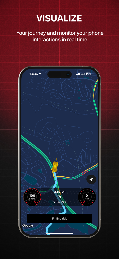 A smartphone showing the LETSTOP app map interface with real-time driving safety scores and phone interaction tracking