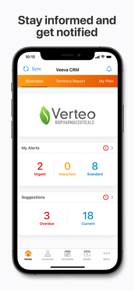 Veeva CRM mobile app dashboard displaying performance alerts and task suggestions