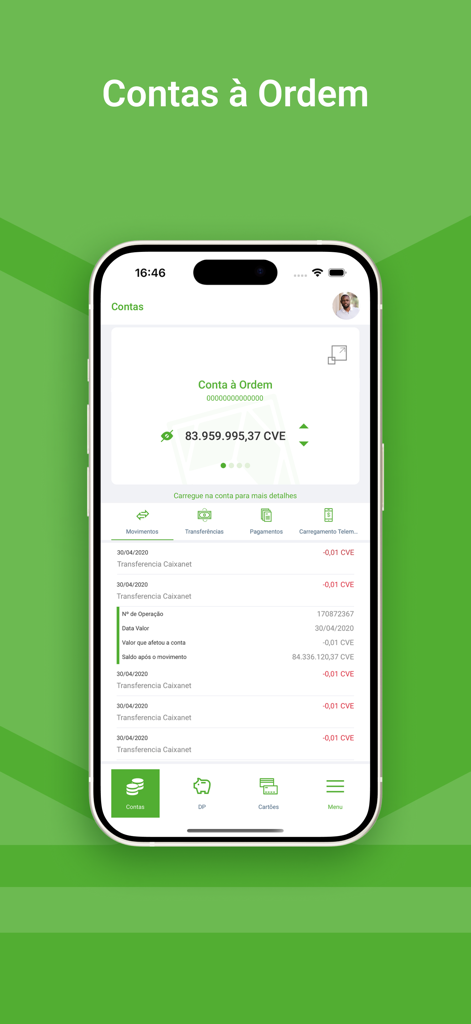 Screenshot da aplicação Caixanet Mobile mostrando o saldo da conta à ordem e o histórico de transações em Escudos cabo-verdianos.