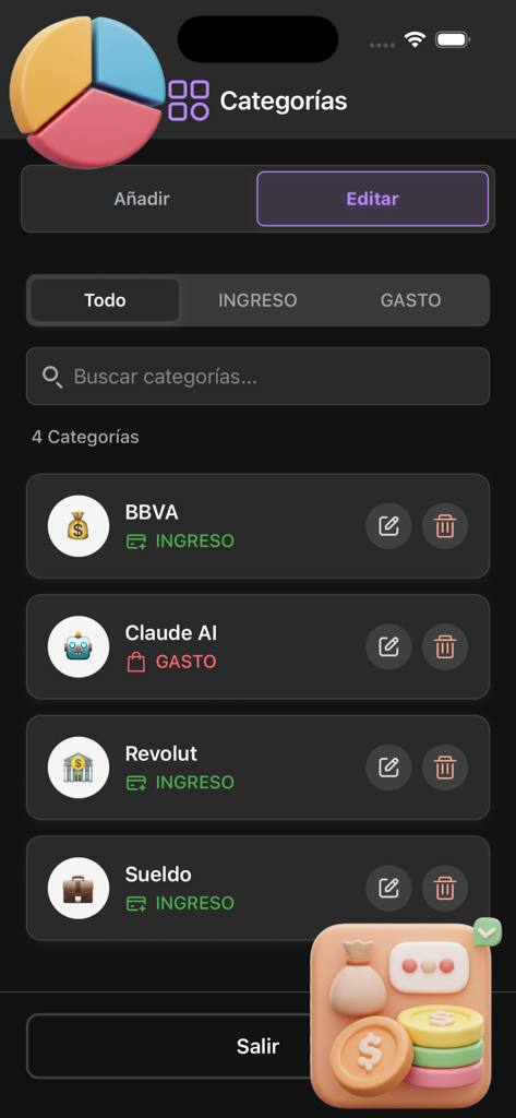 Pantalla de categorías de la aplicación Hero Budget que muestra las transacciones de ingresos y gastos