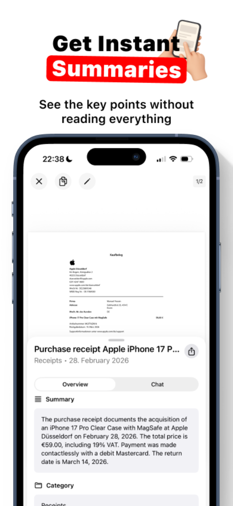 Fyle: PDF Scanner & Organizer - Fyle app interface showing an AI-generated summary of a scanned purchase receipt