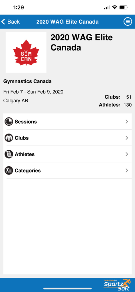 LiveMeet app screen displaying event information for a gymnastics competition including dates location and athlete count