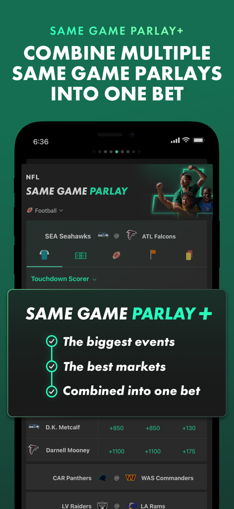 bet365 - Sportsbook & Casino - bet365 app screen showing Same Game Parlay Plus feature for NFL betting