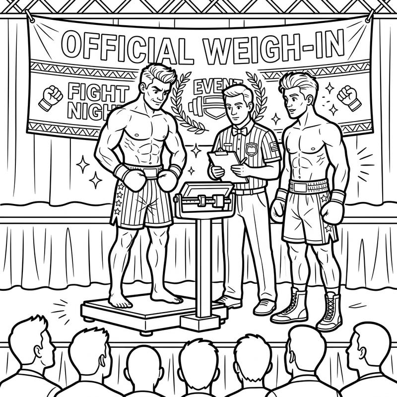 Get ready for a thrilling coloring session with our official boxers weigh-in scene, perfect for fight night enthusiasts. Designed with clear lines and bold details, this page offers an engaging and accessible experience for seniors.