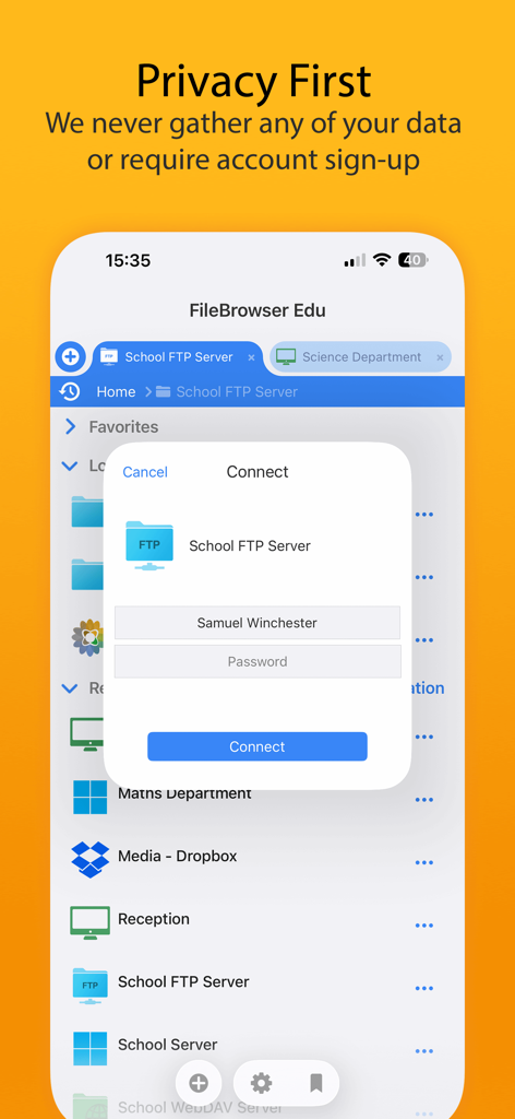 Interfaccia dell'app FileBrowser for Education che mostra una richiesta di accesso sicuro al server con un messaggio di impegno per la privacy