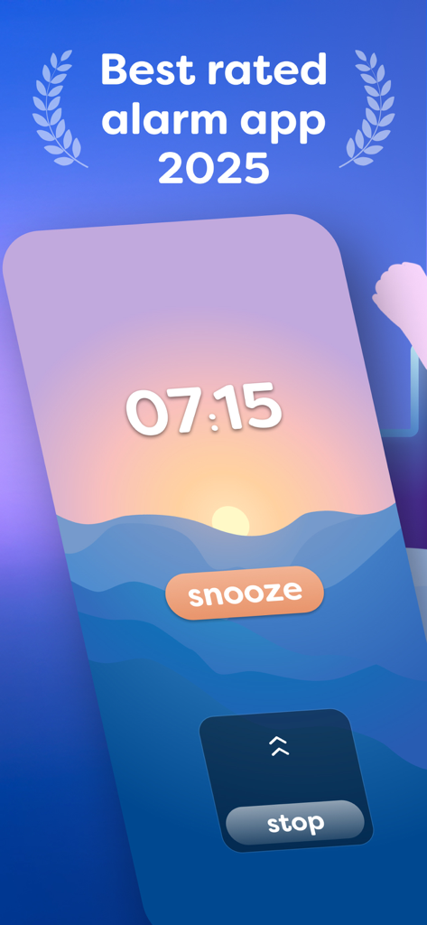 Sleepwave: Alarm & Tracker - Sleepwave smart alarm interface with a sunrise background and snooze button