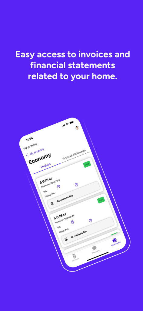 Solibo Home - Solibo Home app interface showing paid invoices and financial statements