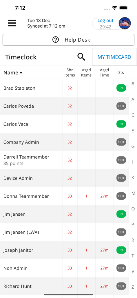 The timeclock interface of the Jolt app showing a list of employees and their current clock-in and clock-out status.