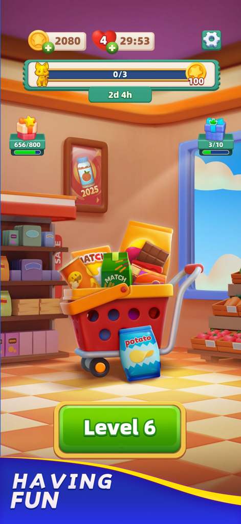 Triple Goods- Match 3D Game - Triple Goods Match 3D game screen showing a shopping cart filled with groceries and a level six button.