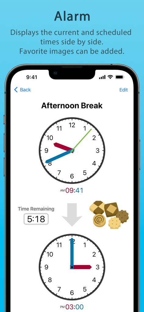 Learning Clock Timer - Interfaz de alarma de la aplicación Reloj de Aprendizaje que muestra un descanso programado por la tarde con esferas de reloj analógico y un ícono de galleta.