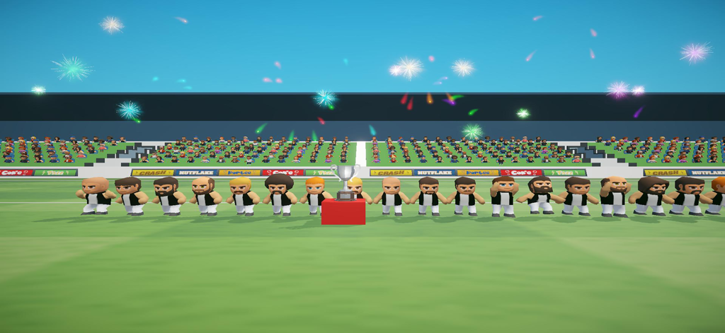 Footy Mayhem - Cartoon Aussie Rules football players standing on a field with a silver premiership trophy and fireworks in the sky.
