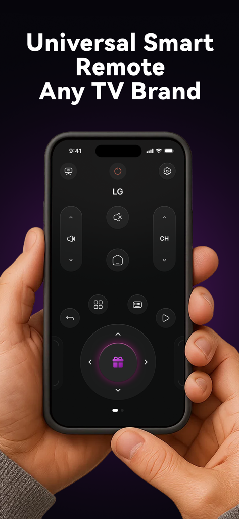 Universal TV Remote: Smart App - Una persona sosteniendo un iPhone que muestra la interfaz de la aplicación Control Universal de TV para un Smart TV LG.