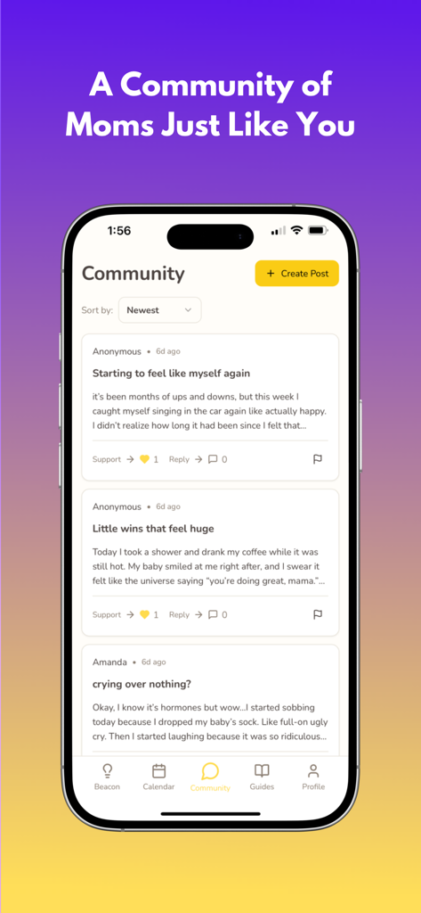 Beacon: Postpartum Support - Beacon app community forum screen showing posts from mothers sharing their postpartum experiences and support for each other