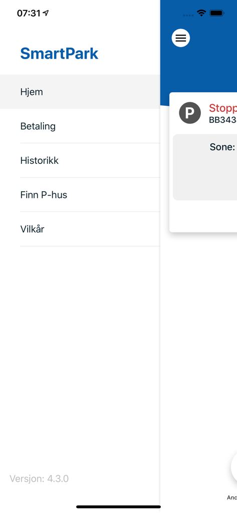 Menu de navigation latéral de l'application SmartPark affichant les options pour l'accueil, l'historique des paiements et la recherche de parkings